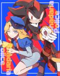  1boy 1girl 6v6_1212 blonde_hair blue_eyes blue_footwear furry furry_male gloves hat highres looking_at_another looking_at_viewer maria_robotnik necktie one_eye_closed police_hat red_eyes shadow_the_hedgehog sonic_(series) star_(symbol) sweat toy_gun white_gloves 