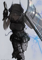  1girl absurdres alternate_costume arknights arm_up ballistic_shield baseball_cap black_hat black_pants black_shirt breasts closed_mouth commentary dated dragon_girl dragon_horns dragon_tail expressionless feet_out_of_frame grey_hair gun handgun hat highres holding holding_gun holding_shield holding_weapon horns leaning_forward liskarm_(arknights) pants pppmepl running shield shirt short_sleeves signature solo tail weapon 