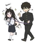  1boy 1girl :d animal_collar animal_ears artist_logo black_hair blush brown_footwear brown_hair buttons chitanda_eru collar d: dog_ears dog_tail green_eyes hair_between_eyes highres holding holding_leash hyouka kneehighs leash long_hair long_sleeves mery_(yangmalgage) open_mouth oreki_houtarou own_hands_together school_uniform shirt short_hair simple_background smile socks sparkle tail violet_eyes white_background white_shirt 