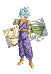  3boys absurdres beatlo_(rodrigo38658978) clenched_hand colored_skin dougi dragon_ball dragon_ball_super earrings full_body fusion green_skin highres instagram_logo instagram_username jewelry male_focus medium_hair multiple_boys muscular muscular_male orange_piccolo orange_sash orange_shirt orange_skin pants piccolo pointy_ears potara_earrings purple_pants purple_shirt shirt solo_focus son_goku spiky_hair super_saiyan super_saiyan_1 super_saiyan_blue 