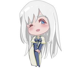 1:1_aspect_ratio 1girl ;d blue_dress blue_eyes blush breasts chibi clothing commission commissioner_upload dress female gold_trim high_resolution long_hair long_sleeves looking_at_viewer nemezish official_art one_eye_closed open_mouth own_hands_together shibs simple_background smile solo tagme v_arms very_high_resolution very_long_hair ways_of_darkness_(series) white_background white_dress white_hair wink