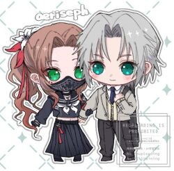  1boy 1girl 7_kiy_u aerith_gainsborough aerith_gainsborough_(midgard_seventh_high_school) aqua_eyes belt black_belt black_choker black_gloves black_mask black_necktie black_pants black_sailor_collar black_shirt black_shoes black_skirt blush brown_hair cardigan chibi chibi_only choker collared_shirt cropped_shirt delinquent face_piercing final_fantasy final_fantasy_vii final_fantasy_vii_ever_crisis flower gloves green_eyes grey_hair grey_jacket hair_flower hair_ornament hair_ribbon holding_another&#039;s_arm jacket kampfer_(mobile_suit) long_hair mask midriff mouth_mask neckerchief necktie official_alternate_costume pants parted_bangs piercing pleated_skirt ponytail red_ribbon ribbon sailor_collar school_uniform sephiroth sephiroth_(ever_crisis) sephiroth_(shinra_private_academy) ship_name shirt shoes short_hair sidelocks skirt sukeban weapon weapon_case weapon_on_back white_background white_flower white_neckerchief white_shirt yellow_cardigan 
