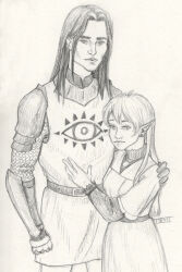 1boy 1girl armor chainmail closed_mouth clothing commission commissioner_upload couple dress earrings ears elf female graphite_(medium) hair_behind_ear hand_on_another&#039;s_chest hand_on_chest hetero high_resolution husband_and_wife jewelry long_hair looking_at_viewer lotte_farona male official_art pointy_ears restlittleplum smile stephanus_tavilrond traditional_media tunic ways_of_darkness_(series)