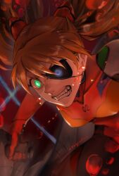  1girl abstract_background angry blue_eyes bodysuit breasts bubble clenched_teeth evangelion:_3.0_you_can_(not)_redo eyepatch fang floating_hair furious glowing glowing_eyes green_eyes hair_ornament heterochromia highres holding ikuyoan interface_headset_(evangelion) long_hair looking_ahead mecha_pilot_suit neon_genesis_evangelion one_eye_covered orange_hair parted_bangs plugsuit_(evangelion) rebuild_of_evangelion red_background red_bodysuit signature sitting solo souryuu_asuka_langley striped_background striped_bodysuit submerged teeth twitter_username 