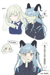  2girls absurdres animal_ears arknights bang_dream! bang_dream!_it&#039;s_mygo!!!!! black_horns black_jacket black_ribbon blue_hair chibi chinese_commentary chinese_text closed_eyes closed_mouth commentary_request cropped_torso curled_horns green_hair hair_ribbon highres holding_another&#039;s_ear horns jacket long_hair multiple_girls neck_ribbon rabbit_ears rabbit_girl ribbon shaking_head sidelocks simple_background slapping sui_he togawa_sakiko togawa_sakiko_(master_of_melodia) translation_request upper_body wakaba_mutsumi wakaba_mutsumi_(marionette&#039;s_id) white_background yuri 