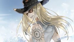  1boy black_hat blonde_hair blue_sky cowboy_hat fate/grand_order fate_(series) hat highres jewelry long_hair looking_at_viewer looking_back male_focus open_mouth orange-tinted_eyewear shitakuray sky smile solo tattoo tezcatlipoca_(fate) tezcatlipoca_(wild_gunman)_(fate) tinted_eyewear upper_body vest wide_brim 