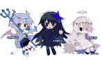  3girls black_eyes black_footwear black_hair black_halo black_shirt blue_bow blue_bowtie blue_butterfly blue_coat blue_eyes blue_hair blue_skirt blue_wings blunt_bangs boots bow bowtie bug butterfly butterfly_hair_ornament buttons chibi chinese_commentary closed_mouth coat coattails collar commentary_request commission crown_of_thorns demon_girl demon_tail demon_wings detached_collar diamond_button footwear_bow grey_horns grey_pantyhose grey_shirt hair_ornament halo hand_up heterochromia highres holding holding_pitchfork knee_boots layered_sleeves light_blue_hair light_blush light_frown long_hair long_skirt long_sleeves looking_at_viewer miniskirt multiple_girls open_clothes open_coat open_mouth original pale_skin pantyhose pink_bow pitchfork red_eyes red_wings sample_watermark see-through_veil shirt shoes short_hair sidelocks sitting skirt sleeves_past_wrists smile socks tail tiankong_yiji trench_coat turtleneck two-tone_wings very_long_hair violet_eyes watermark waving wavy_hair white_background white_collar white_footwear white_hair white_shirt white_skirt white_socks white_veil wings 