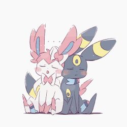  animal_focus black_fur blush bow closed_eyes closed_mouth foznya full_body highres no_humans open_mouth pink_fur pokemon pokemon_(creature) pokemon_focus ribbon simple_background sylveon tail two-tone_fur umbreon white_background white_fur 