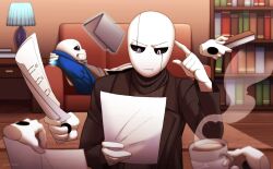  2boys :d :t alternate_universe arms_behind_head bald black_jacket black_pants black_sclera black_sweater blue_jacket book bookshelf closed_mouth coffee coffee_mug colored_sclera commentary couch cup english_commentary facing_viewer father_and_son finger_to_head floating floating_book floating_object galhum_(galhum55) glitchtale grey_sweater grin hand_up highres holding holding_cup holding_paper hood hood_down hooded_jacket index_finger_raised indoors jacket lamp lapels long_sleeves looking_at_object looking_down looking_up lying male_focus mug multiple_boys notched_lapels on_back on_couch open_clothes open_jacket pants paper ribbed_sweater sans_(undertale) skeleton smile solo_focus sweater turtleneck turtleneck_sweater undertale upper_body utdr_(toby_fox) v-shaped_eyebrows w.d._gaster white_eyes wooden_floor 
