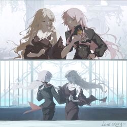  2girls absurdres bang_dream! bang_dream!_it's_mygo!!!!! bilingual_commentary black_cape black_dress black_jacket black_pants blue_eyes breasts brh brown_hair cape chihaya_anon chinese_commentary commentary dress earrings floating_hair grey_eyes highres holding_hands jacket jewelry long_hair long_sleeves medium_breasts mixed-language_commentary multiple_girls nagasaki_soyo one_eye_closed open_mouth pants pink_hair sidelocks yuri 
