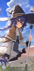  1girl absurdres black_hat black_sleeve_cuffs blue_eyes blue_flower blue_hair blue_sky blurry blurry_foreground boots braid brown_cape brown_capelet cape capelet closed_mouth clouds cloudy_sky contrail crossed_bangs day depth_of_field double-parted_bangs dress emduck expressionless floating_cape floating_hair flower hair_between_eyes hair_flaps hat highres holding holding_staff knee_boots large_hat light_particles long_hair long_sleeves looking_at_viewer mage_staff mushoku_tensei on_grass outdoors popped_collar roxy_migurdia sitting sky sleeve_cuffs solo staff twin_braids very_long_hair white_boots white_dress witch_hat 