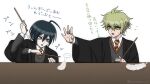  2boys :o ahoge amami_rantaro black_hair brown_eyes collared_shirt danganronpa_(series) danganronpa_v3:_killing_harmony earrings feathers green_eyes green_hair hair_between_eyes harry_potter_(series) harry_potter_and_the_philosopher&#039;s_stone holding holding_wand jewelry long_sleeves looking_at_another male_focus multiple_boys necktie outstretched_arm ring saihara_shuichi shirt short_hair simple_background striped_necktie suiren_yurei teeth translation_request upper_teeth_only wand white_shirt wizarding_world 