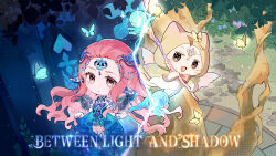  1girl animal artist_request asymmetrical_dress barefoot_sandals_(jewelry) beads black_wings blue_butterfly blue_dress bow bowtie bracelet brown_eyes bug bush butterfly cat chibi cloak closed_mouth clothed_animal cobblestone commentary day dress ear_covers earrings english_commentary english_text eyelashes fake_pointy_ears fake_wings forehead forehead_jewel gown hair_beads hair_ornament happy highres holding holding_wand hood hood_up hooded_cloak indoors jewelry knee_up light_blush light_particles long_dress long_hair looking_at_viewer momo_(nikki) neck night nikki_(nikki) nikki_(series) noctis_arcanum_lumen_(shining_nikki) official_art outdoors outline pink_bow pink_bowtie pink_hair pink_wings second-party_source shining_nikki smile sparkle split_theme strapless strapless_dress tree very_long_hair wand wavy_hair whiskers white_cat white_outline window wings yellow_butterfly yellow_cloak 