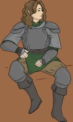 1boy armor boots breastplate brown_footwear brown_hair brown_pants chainmail closed_mouth clothing commission commissioner_upload footwear gnarog_dougfral green_eyes high_resolution invisible_chair long_hair looking_to_the_side male male_focus official_art pants pauldron plate_armor shoulder_armor sitting soapwyrt solo tagme vambraces wavy_hair ways_of_darkness_(series)