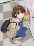  1girl backpack bag black_bag blue_skirt brown_eyes brown_hair collared_shirt crane_game indoors long_sleeves looking_at_viewer mattaku_mousuke medium_hair open_mouth original shirt shoes skirt sleeves_past_wrists smile solo squatting stuffed_animal stuffed_toy sweater teeth tongue v white_shirt 