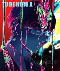  1boy black_coat black_hair black_necktie coat collared_shirt copyright_name dim_lighting dripping glasses highres hukkatsu_27 looking_at_viewer male_focus necktie neon_palette parted_lips shirt short_hair slime_(substance) solo to_be_hero to_be_hero_x white_shirt x_(symbol) x_(to_be_hero_x) 