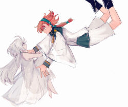  2girls absurdres asticassia_school_uniform barefoot black_boots black_hairband boots closed_mouth commentary dress gundam gundam_suisei_no_majo hairband highres jacket long_hair looking_at_another miorine_rembran multiple_girls outstretched_arms ponytail red_hair school_uniform she_(morianosu) shorts simple_background smile suletta_mercury tears white_background white_dress white_hair white_jacket white_shorts 