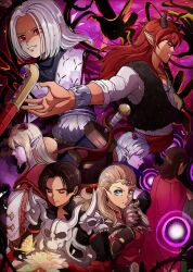  3girls 4boys androgynous anlucea armor azbar_(dragon_quest) blonde_hair blue_eyes bracer brother_and_sister brown_gloves brown_hair bug butterfly cape circlet closed_eyes colored_skin commentary_request curly_hair dark-skinned_male dark_skin demon_boy demon_girl dragon_quest dragon_quest_x dress facing_away flower fur_vest gem gloves gold_circlet hair_slicked_back hero&#039;s_sibling_(dq10) hero_(dq10) holding holding_flower horns long_hair medium_hair multiple_boys multiple_girls nalasia nanamono_0414 official_alternate_costume pauldrons pointy_ears profile purple_skin red_cape red_dress red_eyes red_gemstone red_hair red_horns red_sash sash shirt short_hair shoulder_armor siblings skull smile spiked_pauldrons spikes tunic valeria_(dragon_quest) white_hair white_shirt white_tunic yushuka_(dragon_quest) 