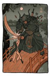  2boys absurdres armor arrow_(projectile) arrow_in_body black_boots black_border boots border bridge chinese_armor chinese_clothes chinese_text eye_contact fake_horns fighting from_behind full_moon giant grey_sky hair_bun hair_ribbon hanfu helmet highres holding holding_sword holding_weapon horned_helmet horns impaled inset_border lake limited_palette long_hair long_sleeves looking_at_another male_focus moon multiple_boys night official_art outdoors ribbon rounded_corners scimitar single_hair_bun sky sparkle standing sword tianguan_cifu tree very_long_hair weapon white_border white_hanfu white_ribbon wooden_bridge xie_lian xie_lian_(flower_crowned_martial_god) yaroslava_murashko 