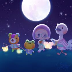  2boys 2girls animal_crossing bear bear_boy bird_girl blanche_(animal_crossing) china_dress chinese_clothes dress frog_boy full_body furry furry_female furry_male glasses henry_(animal_crossing) highres kinokorin lantern multiple_boys multiple_girls outdoors pajamas purple_hair signature sky star_(sky) starry_sky stitches_(animal_crossing) tsukimi villager_(animal_crossing) walking x_x 