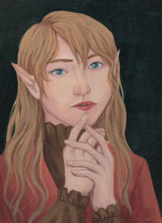1girl blonde_hair blue_eyes brown_shirt clothing commission commissioner_upload ears elf female hands_up high_resolution large_filesize lips long_hair long_sleeves looking_at_viewer lotte_farona makeup official_art oil_painting_(medium) own_hands_together painting_(medium) parted_lips pointed_ears red_lips red_robe restlittleplum robe shirt solo tagme traditional_media upper_body very_high_resolution wavy_hair ways_of_darkness_(series)