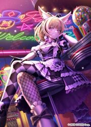  1girl animal_ear_fluff animal_ears apron asymmetrical_legwear belt black_belt black_bow black_gloves black_skirt black_streaks black_vest blonde_hair bow checkered_thighhighs commentary_request copyright_notice crossed_legs diner earrings facial_mark fishnet_thighhighs fishnets fox_ears fox_girl fox_tail frilled_overskirt frilled_sleeves frilled_thigh_strap frills from_below gloves grin hair_bow heart heart_earrings hololive implied_extra_ears indoors jewelry layered_skirt looking_at_viewer mark_under_eye medium_hair miniskirt mismatched_legwear multicolored_hair name_tag official_alternate_costume official_alternate_hairstyle official_art omaru_polka omaru_polka_(waitress) on_stool overskirt para_sitism pink_streaks pleated_skirt ponytail puffy_short_sleeves puffy_sleeves shirt short_sleeves sidelocks sitting skirt smile solo star-shaped_pupils star_(symbol) streaked_hair symbol-shaped_pupils tail thigh-highs thigh_strap vertical-striped_sleeves vest violet_eyes virtual_youtuber waist_apron waitress white_apron white_shirt 