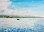  1other boat building city harbor highres horizon naoy_watercolor ocean original painting_(medium) pier shore tower traditional_media watercolor_(medium) watercraft watermark 