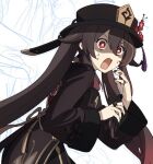  1girl black_headwear black_nails brown_coat brown_hair coat flower flower-shaped_pupils genshin_impact hair_flaps hands_up hat hat_flower hat_tassel hu_tao_(genshin_impact) jewelry long_hair long_sleeves mm_(motot) multiple_rings open_mouth red_eyes red_flower ring sidelocks simple_background solo surprised symbol-shaped_pupils twintails very_long_hair white_background 