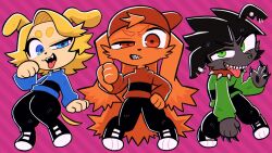  3boys backwards_hat baseball_cap black_hair black_pants blonde_hair blue_eyes boomer_(ppg) brick_(ppg) butch_(ppg) child furrification furry green_eyes hat highres long_hair male_focus multiple_boys nyacky open_mouth orange_hair pants powerpuff_girls red_eyes red_hat red_shirt rowdyruff_boys shirt smile 