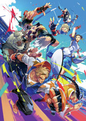  3boys 3girls akuma_(street_fighter) barefoot beard black_hair blonde_hair braid braided_ponytail cammy_white chinese_clothes chun-li dark-skinned_male dark_skin facial_hair fingerless_gloves gloves grey_hair high_jump highres hood hoodie jamie_siu javelin_(spear) luke_sullivan marisa_(street_fighter) multiple_boys multiple_girls muscular muscular_female muscular_male official_art red_hair running_track scar scar_across_eye scar_on_face shotput stadium street_fighter street_fighter_6 track_and_field 