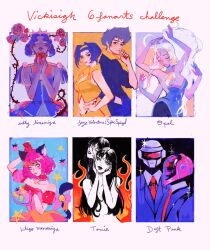  3boys 5girls artist_name blue_hair character_name cigarette closed_eyes commentary cowboy_bebop crown daft_punk detached_sleeves double_bun dress earrings english_commentary epaulettes extra_arms faye_valentine fire flower food fruit glasses guy-manuel_de_homem-christo hair_bun hair_tubes hand_in_pocket helmet himemiya_anthy holding holding_cigarette jewelry kawakami_tomie long_hair looking_at_viewer medium_hair momomiya_ichigo moon multiple_boys multiple_drawing_challenge multiple_girls necktie opal_(steven_universe) pink_dress pink_hair puffy_short_sleeves puffy_sleeves real_life red_necktie rose shirt short_hair short_sleeves shoujo_kakumei_utena six_fanarts_challenge sparkle spike_spiegel steven_universe strawberry suit tail thomas_bangalter tokyo_mew_mew tomie very_long_hair vicki_tsai white_hair yellow_shirt 