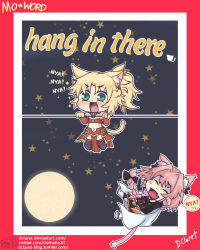  1boy 1girl animal_ear_fluff animal_ears artist_name astolfo_(fate) bandeau blonde_hair boots bow braid cape cat_boy cat_ears cat_girl cat_tail chibi closed_mouth colored_skin dclaret deviantart_username english_text falling fang fate/apocrypha fate_(series) green_eyes hair_bow hair_intakes hang_in_there_(meme) meme meowing moon mordred_(fate) mordred_(fate/apocrypha) navel open_mouth pink_hair ponytail poster_(medium) red_bandeau red_skin single_braid skin_fang spoken_sweatdrop star_(symbol) sweatdrop tail tumblr_username twitter_username white_boots white_cape 