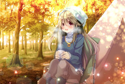  1girl black_socks blonde_hair bloom blue_shirt blue_sweater blush brown_bag brown_pants camping commentary_request cup double-parted_bangs feet_out_of_frame grass hair_between_eyes hat hexagon highres hikanyan holding holding_cup horizontal-stripes light_particles long_hair long_sleeves looking_at_viewer non-circular_lens_flare open_mouth original outdoors pants shirt sitting smile socks solo steam striped_clothes striped_shirt sweater tent tree violet_eyes white_hat white_nails white_shirt 