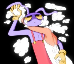  1boy 1girl animal_ears bags_under_eyes colored_sclera commentary dress english_commentary gloves halter_dress halterneck headless highres jax_(the_amazing_digital_circus) kernelstarch overalls parted_lips rabbit_boy rabbit_ears ragatha_(the_amazing_digital_circus) red_overalls stuffing the_amazing_digital_circus white_dress yellow_gloves yellow_sclera 