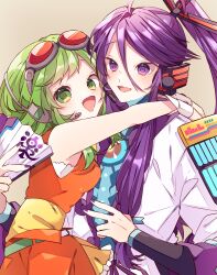  1boy 1girl :d bare_shoulders commentary_request double-parted_bangs green_eyes green_hair gumi hair_between_eyes hand_fan highres holding holding_fan hug kaho_0102 kamui_gakupo long_hair long_sleeves looking_at_viewer nail_polish open_mouth orange_shirt ponytail purple_hair purple_nails shirt short_hair sleeveless sleeveless_shirt smile upper_body violet_eyes vocaloid white_shirt wrist_cuffs 