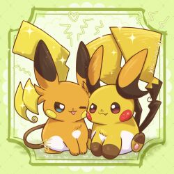 :3 absurdres animal_focus closed_mouth commentary_request dot_nose fang full_body gigii2810 heart highres mega_pokemon mega_raichu_x mega_raichu_y no_humans one_eye_closed pokemon pokemon_(creature) pokemon_focus pokemon_legends:_z-a raichu smile tongue tongue_out