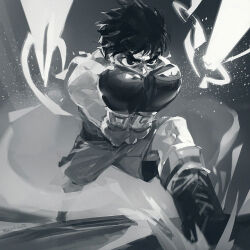  1boy ben_lo black_eyes black_hair black_shorts boots boxer boxing_gloves covering_own_mouth greyscale hajime_no_ippo imminent_attack makunouchi_ippo male_focus monochrome motion_lines narrowed_eyes no_shirt pov serious short_hair shorts solo walking_towards_viewer 
