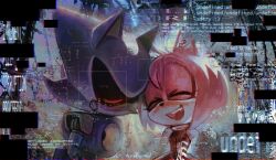 1boy 1girl :d ^_^ amy_rose armor artist_name black_sclera blue_armor closed_eyes colored_sclera dress emoticon english_commentary english_text fang furry furry_female glitch heads_together hedgehog_girl highres joints metal_sonic no_mouth pink_fur pink_hair red_dress robot robot_joints short_hair sleeveless sleeveless_dress smile sonic_(series) upper_body wellspkd 