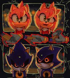  1boy 1girl :d amy_rose armor artist_name black_sclera blue_armor bracelet claws colored_sclera dress expressionless eyelashes fangs furry furry_female gloves gold_bracelet green_eyes hashtag-only_commentary head_tilt hedgehog_girl highres holding_hands interlocked_fingers jewelry joints light_blush metal_sonic no_mouth petriichor pink_fur pink_hair red_dress red_eyes robot robot_joints short_hair sleeveless sleeveless_dress smile sonic_(series) upper_body white_gloves 