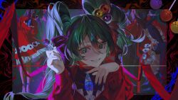  1girl alternate_costume black_border border candy commentary dress eye_print eyeball_hair_ornament face_in_shadow food green_eyes green_hair grin hand_on_own_chin hatsune_miku heikokuru1224 highres holding holding_candy holding_food holding_lollipop leaning_to_the_side lollipop long_hair long_ribbon long_sleeves looking_at_viewer multiple_views outside_border print_dress psi_(vocaloid) red_dress red_ribbon ribbon smile twintails uneven_twintails upper_body vocaloid 