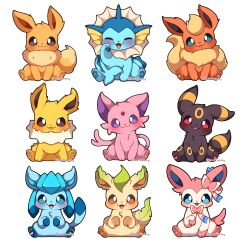  :3 absurdres animal_focus black_fur blue_eyes blue_fur blue_sclera blush bow brown_eyes brown_fur brown_sclera cetacean_tail closed_eyes closed_mouth colored_sclera commentary commission eevee english_commentary espeon evolutionary_line fins fish_tail flareon fluffy forehead_jewel forked_tail full_body gem glaceon green_fur head_fins highres jolteon leaf leafeon looking_at_viewer neck_fur no_humans open_mouth orange_fur pawpads pink_fur pokemon pokemon_(creature) pokemon_focus purple_fur purple_sclera red_eyes red_gemstone ribbon sevi_(seviyummy) simple_background smile sylveon tail two-tone_fur umbreon vaporeon violet_eyes white_fur yellow_fur 
