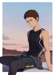  1boy bare_arms bare_shoulders black_tank_top bodysuit border brown_hair closed_mouth dusk enelous feet_out_of_frame gundam gundam_hathaway's_flash hathaway_noa highres looking_at_viewer male_focus mecha_pilot_suit open_bodysuit open_clothes outdoors outside_border pocket red_eyes short_hair sitting sky solo tank_top very_short_hair white_border 
