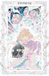  3girls :d ^_^ black_hair blue_bow bow breasts cerise_bouquet closed_eyes commentary dress flower flower-trimmed_dress frilled_dress frills hair_bow high_ponytail highres hinoshita_kaho link!_like!_love_live! long_hair love_live! medium_breasts momose_ginko multiple_girls open_mouth orange_hair otomune_kozue outstretched_arms pink_flower pink_rose ponytail purple_hair rose short_hair single-shoulder_dress single_bare_shoulder smile spread_arms virtual_youtuber white_dress yoruneko_yashiro yume_wazurai 