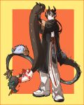  1boy :3 =_= animalization arknights black_cloak black_skin border brown_hair chong_yue_(arknights) cloak closed_eyes colored_skin commentary confused dragon_boy dragon_bubble_(arknights) dragon_horns dragon_tail dusk_(arknights) full_body gourd highres horns inset_border jitome ling_(arknights) long_hair multicolored_hair nanataru10 nian_(arknights) orange_background pants parted_bangs pointy_ears red_eyes shirt shoes signature sneakers streaked_hair tail white_footwear white_pants white_shirt yellow_background 