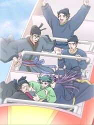  ^_^ anger_vein angry arms_up basen_(kusuriya_no_hitorigoto) black_hair blue_eyes blue_hanfu blue_robe blush breaking chinese_clothes closed_eyes closed_mouth commentary_request floating_hair gaoshun_(kusuriya_no_hitorigoto) glasses green_eyes green_hair green_hanfu hair_bun hand_on_another&#039;s_mouth hanfu happy highres holding_on hug jinshi_(kusuriya_no_hitorigoto) kusuriya_no_hitorigoto lakan_(kusuriya_no_hitorigoto) lihaku_(kusuriya_no_hitorigoto) maomao_(kusuriya_no_hitorigoto) purple_hair ran_(pixiv44170519) rejected_hug robe roller_coaster scared shards surprised turn_pale yellow_eyes 