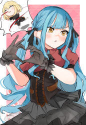  2girls bang_dream! bang_dream!_it's_mygo!!!!! black_corset black_dress black_gloves black_ribbon blonde_hair blood blue_brooch blue_hair chinese_commentary closed_mouth commentary_request corset doloris_(bang_dream!) dress earrings gloves hair_ribbon heart heart_hands highres jewelry lilachinami long_hair long_sleeves misumi_uika multiple_girls nosebleed oblivionis_(bang_dream!) red_shirt ribbon shirt short_sleeves sidelocks togawa_sakiko yellow_eyes 