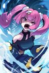  1girl artist_name bare_shoulders black_choker blurry blurry_background cbpea1 choker highres looking_at_viewer off-shoulder_shirt off_shoulder open_mouth pink_hair pokemon pokemon_(anime) pokemon_horizons sango_(pokemon) shirt sleeves_past_fingers sleeves_past_wrists solo twintails 