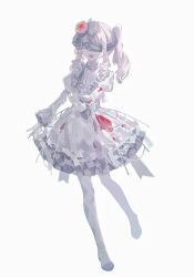  1other :d absurdres akiyama_mizuki backlighting blindfold boots bow commentary covered_eyes dress drill_hair drill_sidelocks english_commentary flower frilled_dress frilled_sleeves frills full_body gloves grey_bow grey_ribbon hair_bow hair_flower hair_ornament high_heel_boots high_heels highres jewelry juliet_sleeves keikyoku_no_machi_wa_doko_e_(project_sekai) long_sleeves medium_dress medium_hair neck_ribbon official_alternate_costume open_mouth other_focus pale_skin phlic pink_hair project_sekai puffy_sleeves red_flower red_rose ribbon ring rose side_drill side_ponytail sidelocks simple_background smile solo standing standing_on_one_leg thigh_boots white_background white_boots white_dress white_gloves 