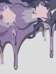  1girl 404_(328ch1) abstract alternate_costume black_hair blue_eyes bow bowtie closed_mouth commentary_request dripping grey_background grey_bow grey_bowtie long_hair long_sleeves melting nijisanji no_pupils pajamas purple_shirt shirt sideways simple_background solo tareme tsukino_mito upper_body virtual_youtuber 