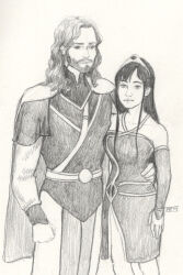 1boy 1girl arm_around_waist beard cape chinese_clothes clothing commission commissioner_upload couple crown dress facial_hair female graphite_(medium) headwear hetero high_resolution hong_mei_ling_(ways_of_darkness) husband_and_wife long_hair looking_at_viewer male official_art prince_markal restlittleplum tagme tiara traditional_media ways_of_darkness_(series)